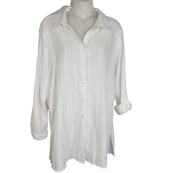 Chicos Womens Shirt Size 2 US Large Button Up Long Tab Sleeve Embroidery Eyelets - Picture 1 of 12